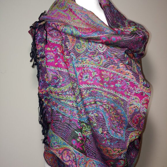 Chico's Multicolored Paisley Fringed Scarf Wrap OS Purple - Picture 4 of 8